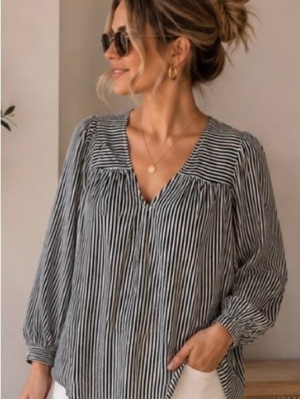 THE GREAT. Black and White Striped V-Neck Long Sleeve Top